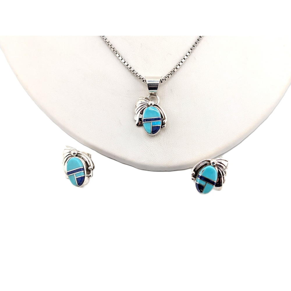 Navajo Turquoise & Lapis Inlay Necklace and Earring Set NA Jewelry**‎